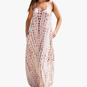 OURS White Pink Red Ikat Print Spaghetti Strap Pockets Maxi Sundress Dress